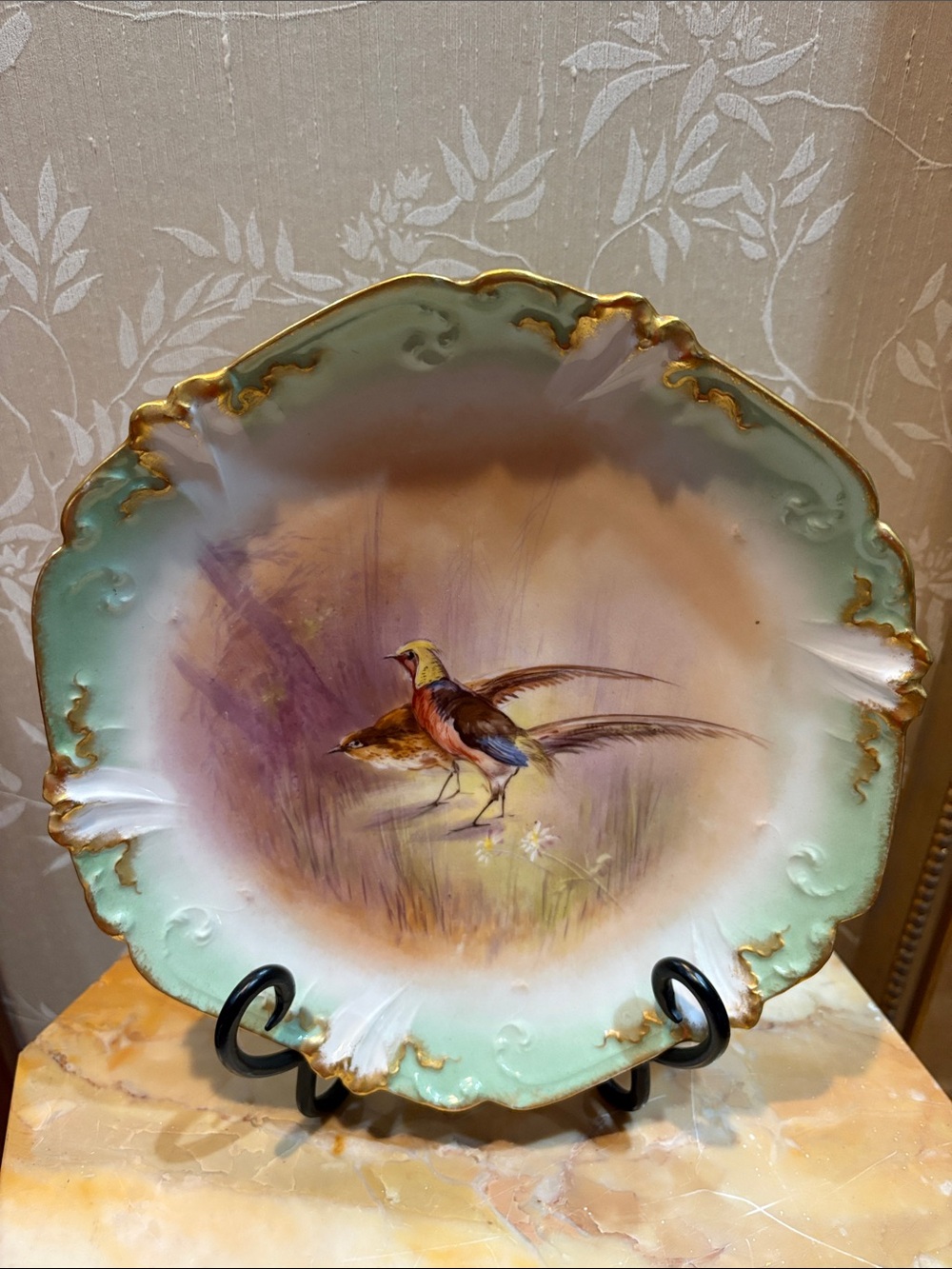 Limoges White and Pastille Green Porcelain Bird Plate